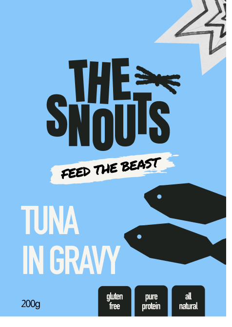 Early pack design for The Snouts tuna in gravy recipe